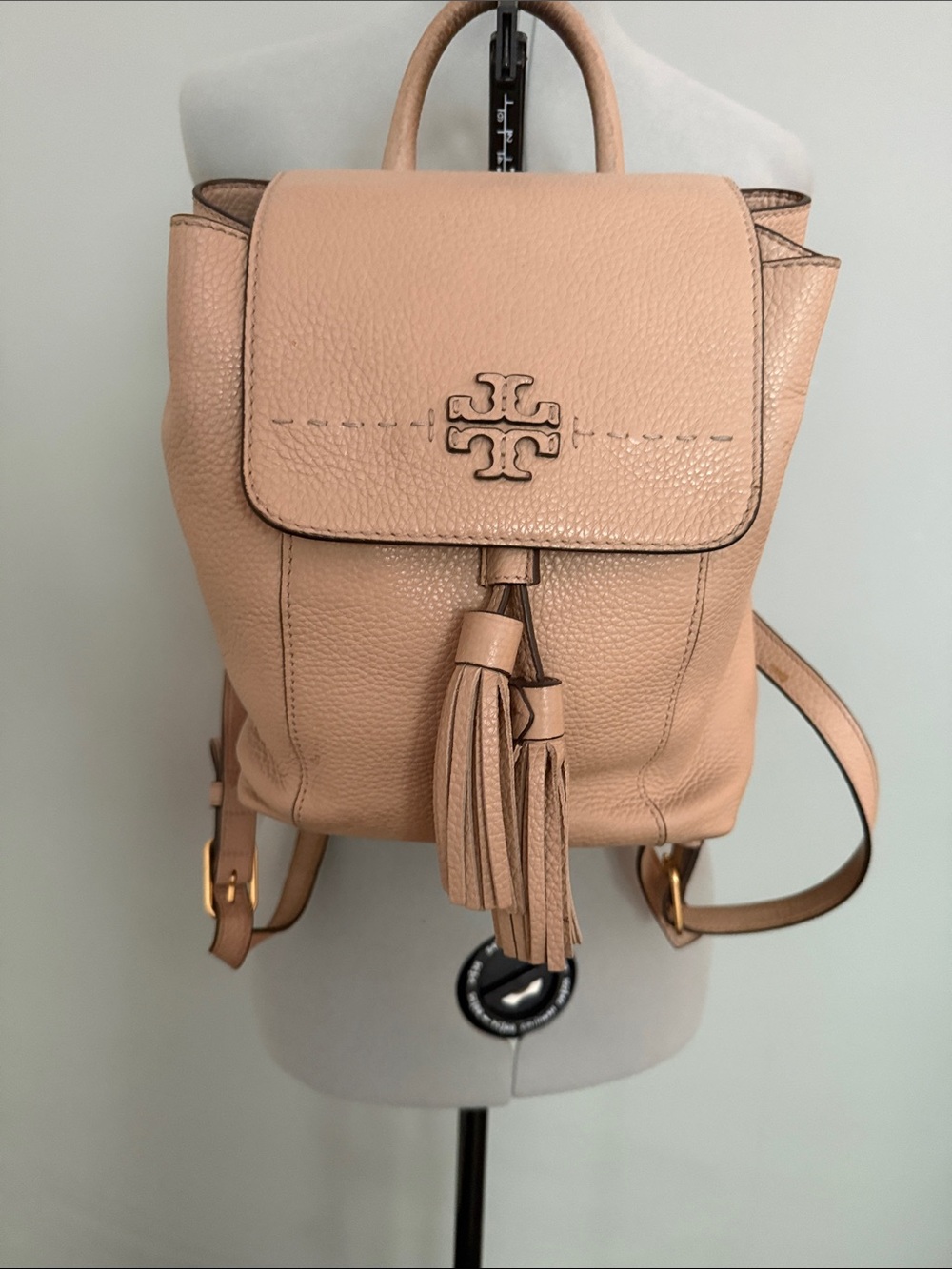 Tory Burch Peach Pebbled Leather Mini Backpack with Tassels